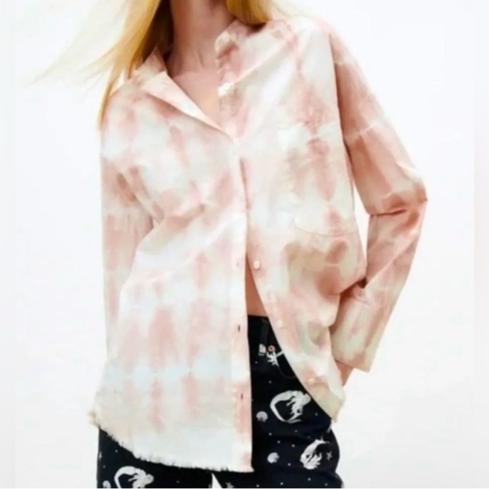 Zara Pink/White Tie Dye Oversized Button Down Fringe Hem Long Sleeve Shirt XS